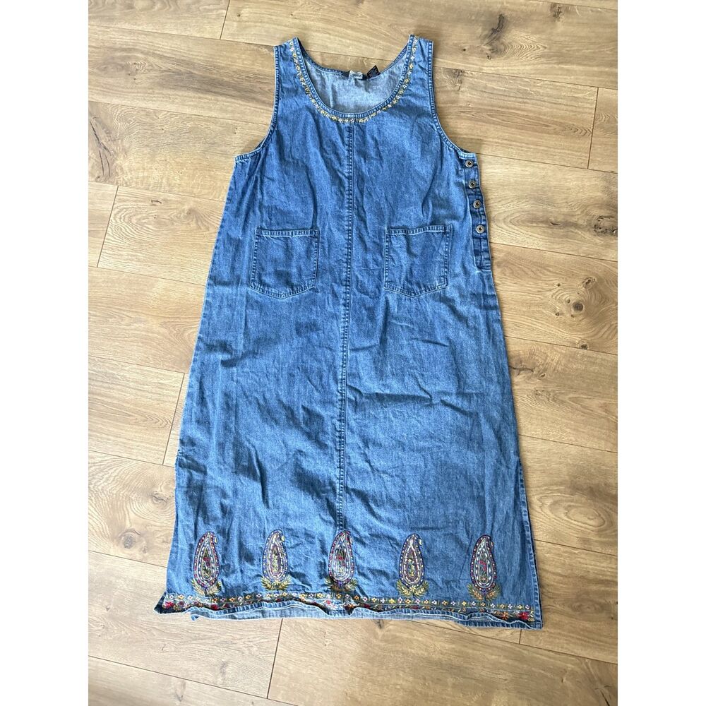 AGAPO XL Vintage Blue Denim Floral Embroidery Maxi Dress Pockets Cottagecore
